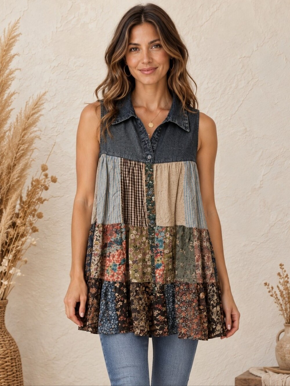 517.Young Threads Bohemian Patchwork Tiered Button-Front Top - Denim Collared